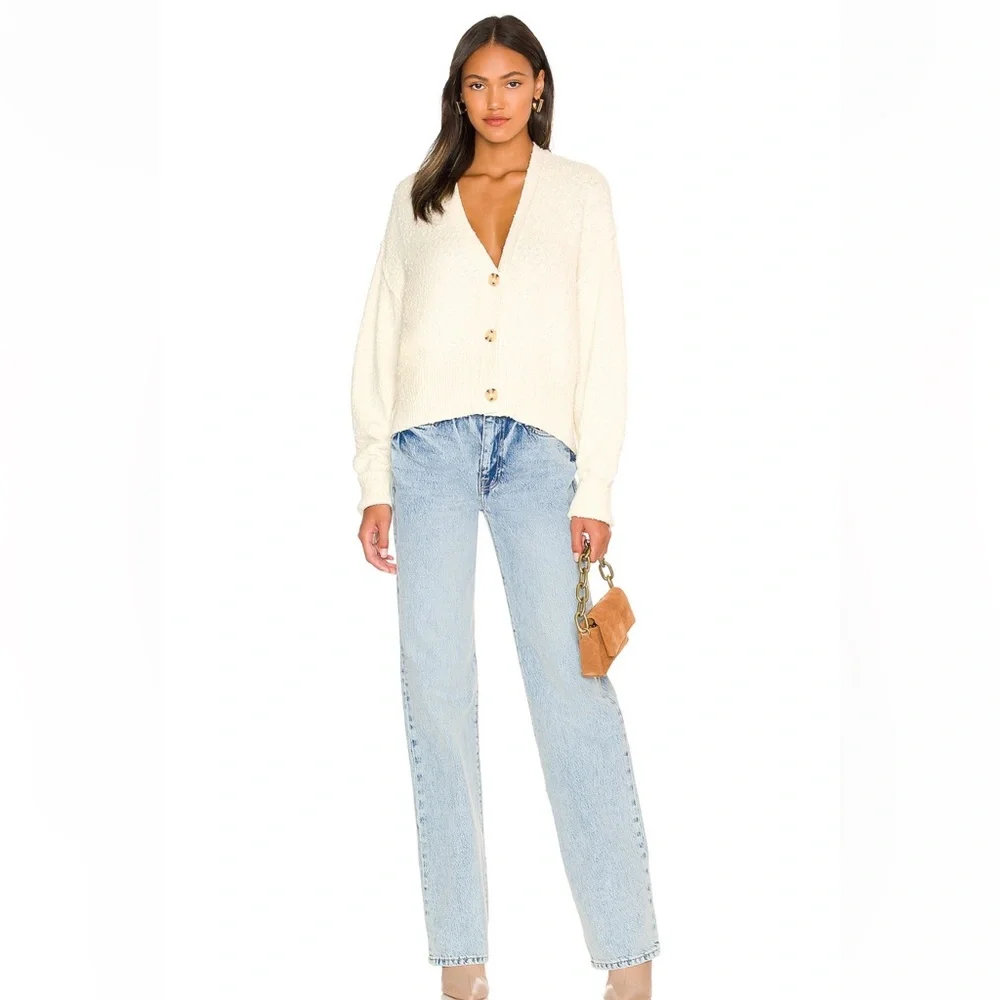 Free People Cream Button-Up V-Neck Sweater Cardigan